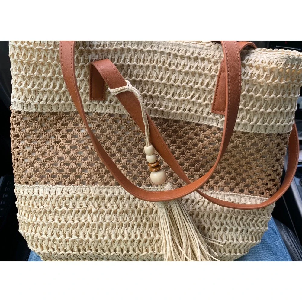 Woven Tote Bag Large Tan Cream Crochet Straw Tassel Coastal Resort Boho Beach